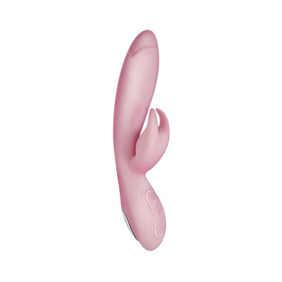 Pink dual motor silicone massager with curved design and control buttons on handle.
