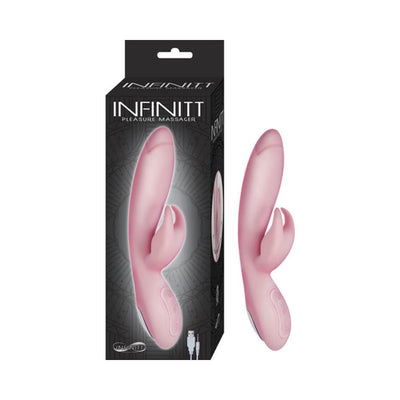 Pink silicone dual motor pleasure massager with ergonomic design and USB charging shown with packaging box.