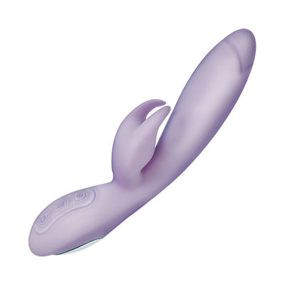Lavender Infinitt Pleasure Massager with dual motors, ergonomic design, and control buttons on a white background.
