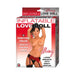 Packaging of Inflatable Love Doll Ming Beige featuring a topless woman in red lingerie with product features listed on a red and white background.