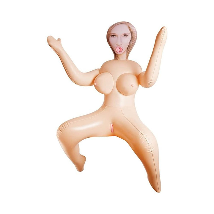Inflatable beige love doll in lotus position with printed face and detailed body features.