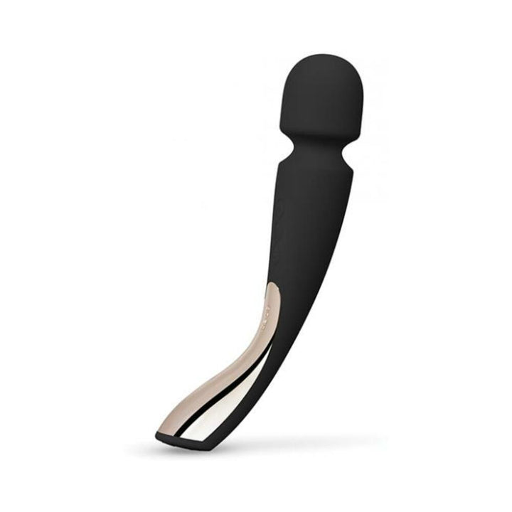 Black and beige ergonomic medium-sized smart wand massager with curved handle and rounded head.