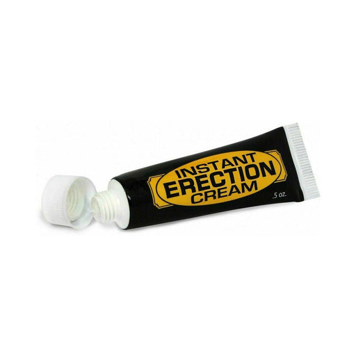 Tube of Instant Erection Cream .5oz with black and yellow label and white cap, shown open with cream visible.