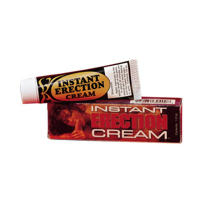Tube of Instant Erection Cream with matching box featuring product name and graphic design.