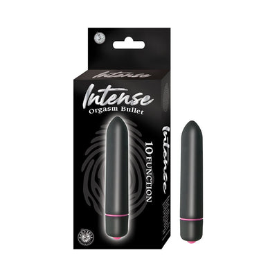 Nasstoys Intense Orgasm Bullet in black with pink accent, shown next to its black packaging highlighting 10 vibration functions.