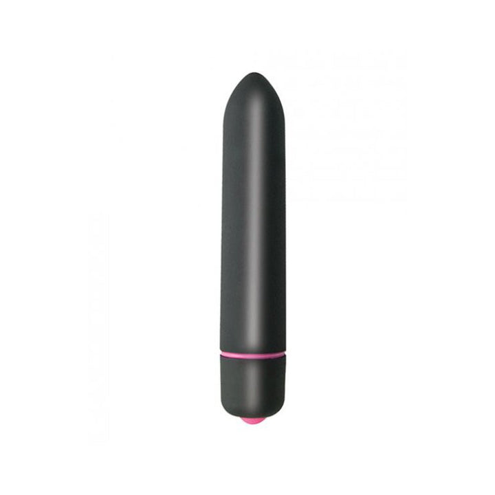 Compact black waterproof bullet vibrator with pink accent and smooth tapered tip for targeted stimulation.