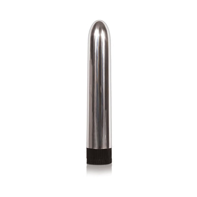 Sleek chrome bullet vibrator with rounded tip and black twist base on white background.