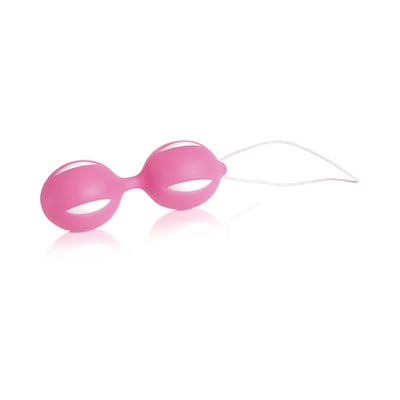 Pink silicone Ben Wa balls with retrieval string from the Evolved Intense Pleasure Kit.