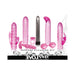 Evolved Intense Pleasure Kit with chrome vibe, four pink textured sleeves, vibrating cock ring, anal plug, and Ben Wa balls.