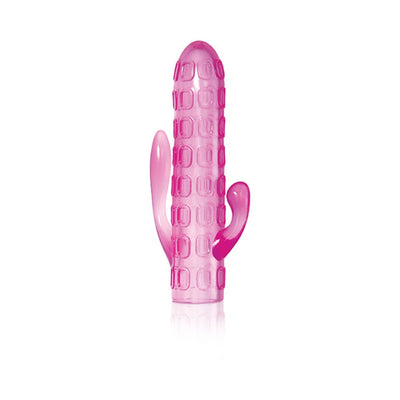 Pink textured silicone sleeve with dual external stimulators for a versatile 6-inch chrome vibe attachment.
