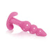 Pink tapered anal plug with graduated beads and a flared base for safe use.