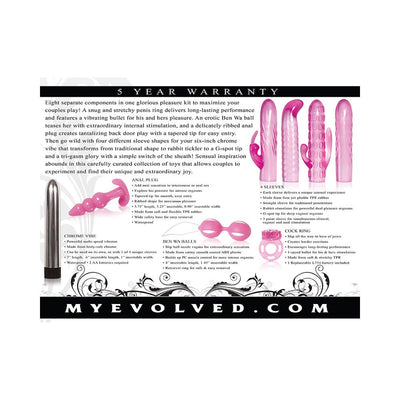 Evolved Intense Pleasure Kit with chrome vibrator, four pink sleeves, anal plug, Ben Wa balls, and vibrating cock ring components shown with descriptions.