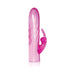 Pink translucent silicone sleeve with textured shaft and curved clitoral stimulator attachment.