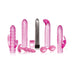 Evolved Intense Pleasure Kit with chrome vibrator, four pink interchangeable sleeves, vibrating cock ring, anal plug, and Ben Wa balls.