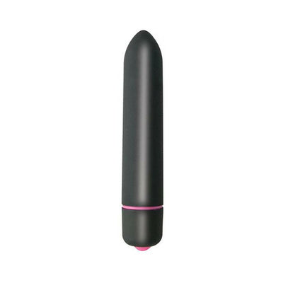 Compact black bullet vibrator with smooth finish and pink accent ring, designed for discreet, portable use.