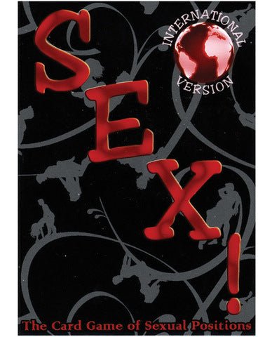 International Sex Card Game box featuring bold red letters and silhouettes of couples in various poses on a black background.