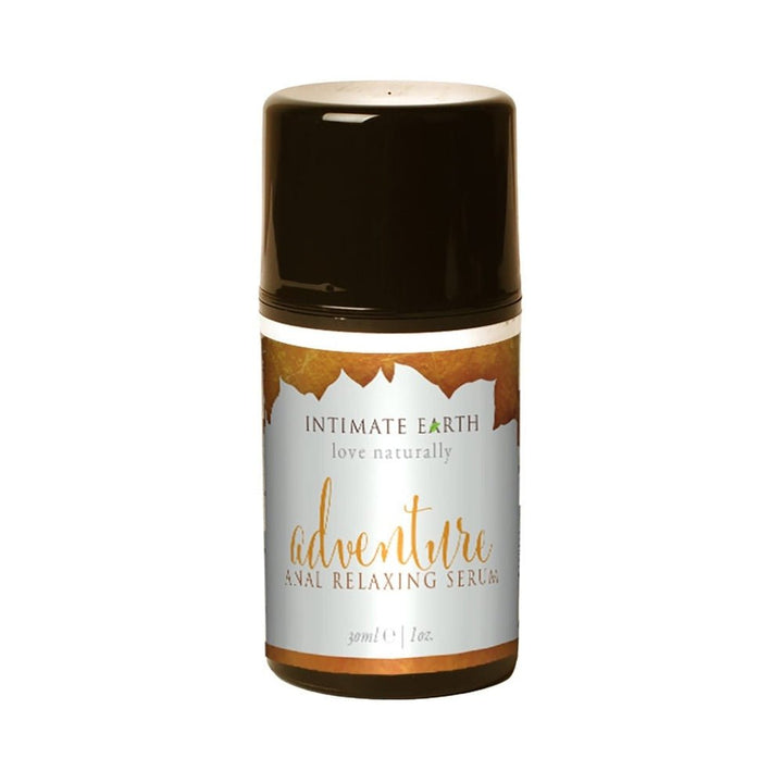 Intimate Earth Adventure Anal Relaxing Serum 30ml bottle with natural-themed label and black cap on white background.