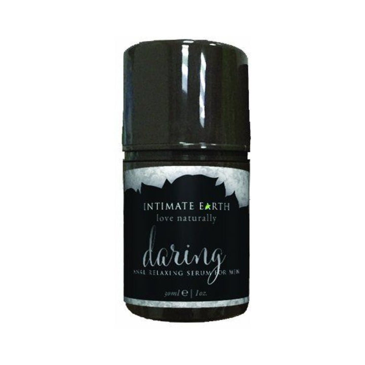 Intimate Earth Daring Anal Relaxing Serum for Men in a 30ml black bottle with natural clove oil formula.