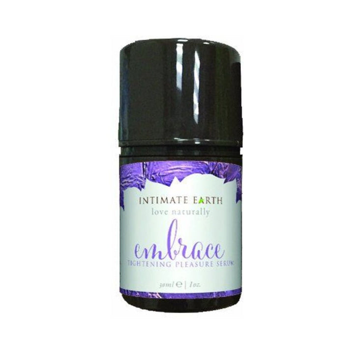 Intimate Earth Embrace Tightening Pleasure Gel 1oz bottle with purple and white label on white background.
