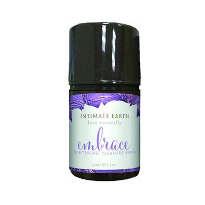 Intimate Earth Embrace Tightening Pleasure Gel 1oz bottle with purple and white label on white background.
