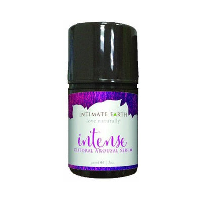 Intimate Earth Intense Clitoral Arousal Serum in a 1oz dark bottle with purple and white label design