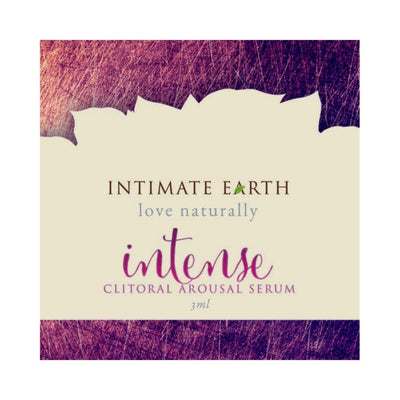 Intimate Earth Intense Clitoral Arousal Serum 3ml foil sample with natural love-themed design on purple background