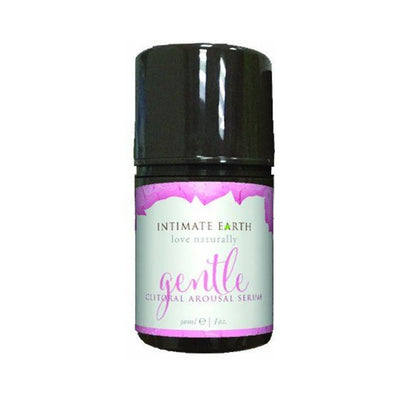 Intimate Earth Gentle Clitoral Arousal Serum in a 30ml dark bottle with a white and purple label.