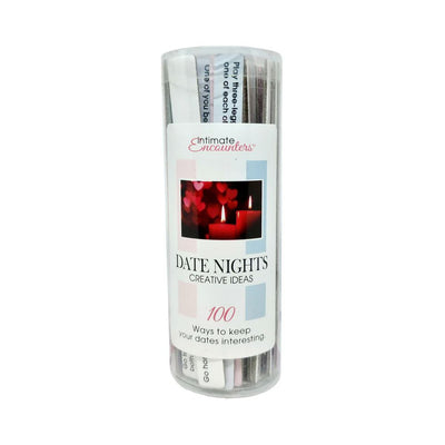 Container of Intimate Encounters Date Nights creative idea sticks for couples with 100 fun date suggestions.