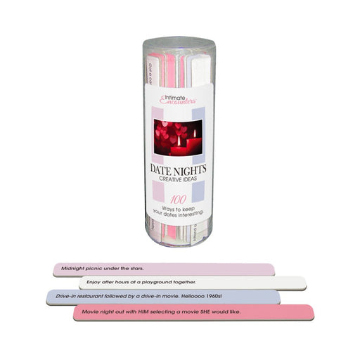 Clear cylindrical container with 50 double-sided date night idea sticks in pastel colors, featuring creative activity suggestions.