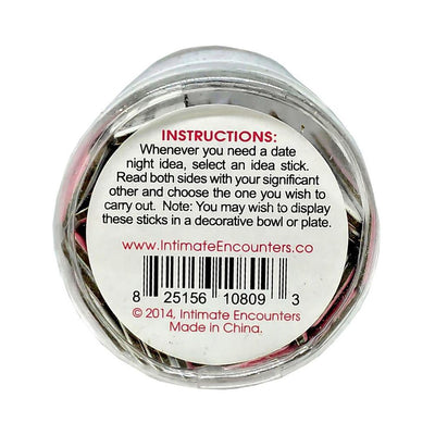 Top view of a clear container showing instructions and barcode for Intimate Encounters date night idea sticks.