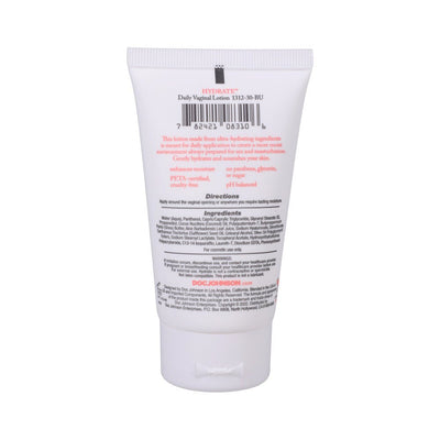 Back view of Intimate Enhancements Hydrate Daily Vaginal Lotion 2oz tube with directions and ingredients text visible.