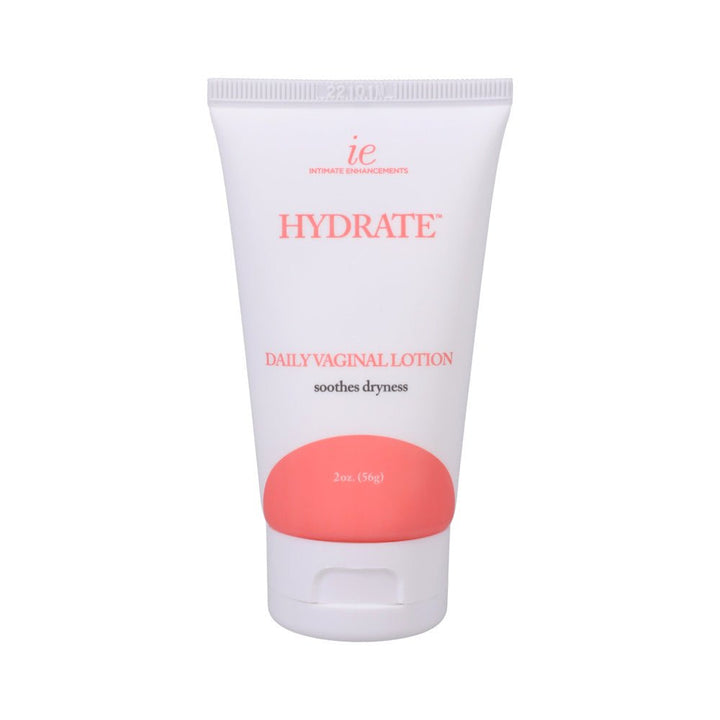 Tube of Intimate Enhancements Hydrate Daily Vaginal Lotion 2oz with white and coral pink packaging.