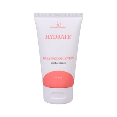 Tube of Intimate Enhancements Hydrate Daily Vaginal Lotion 2oz with white and coral pink packaging.