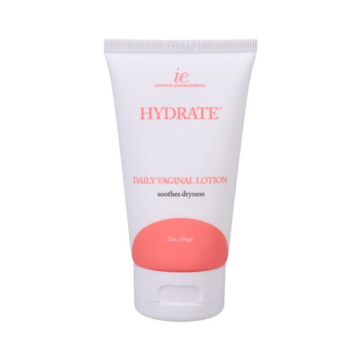 Tube of Intimate Enhancements Hydrate Daily Vaginal Lotion 2oz with white and coral pink packaging.