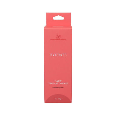 Coral pink box of Intimate Enhancements Hydrate Daily Vaginal Lotion 2oz with white and black text on front.