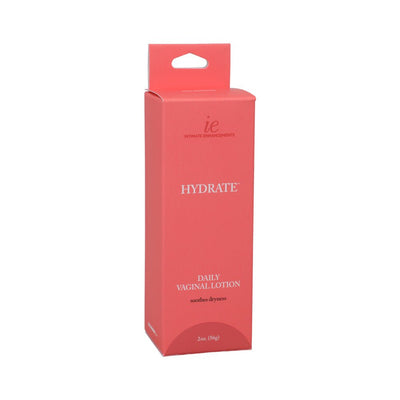 Coral pink box of Intimate Enhancements Hydrate Daily Vaginal Lotion 2oz for soothing dryness and enhancing moisture.