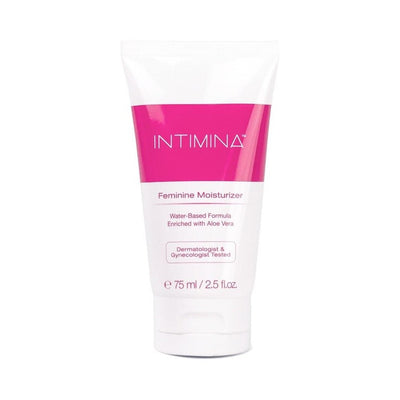 Tube of Intimina Feminine Moisturizer 2.5 oz with water-based aloe vera formula, dermatologist and gynecologist tested.