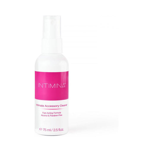 Intimina Intimate Accessory Cleaner 2.5 oz spray bottle with pink and white label on a white background.