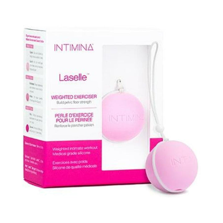 Intimina Laselle pink small weighted pelvic floor exerciser ball with medical grade silicone in retail packaging.
