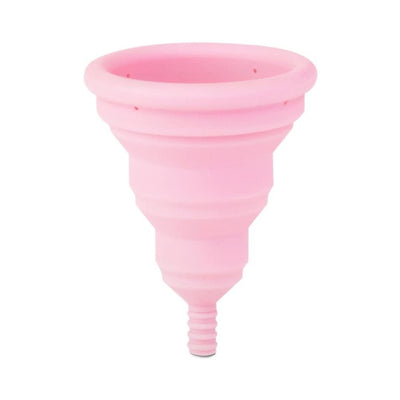 Pink Intimina Lily Cup Compact Size A collapsible menstrual cup made of soft silicone with a ribbed stem for easy removal.