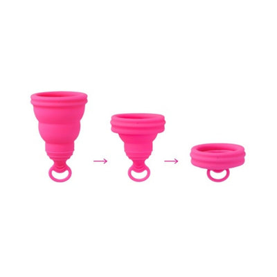Pink Intimina Lily Cup One menstrual cup shown in three stages of folding for compact storage and portability.