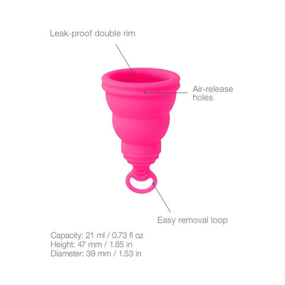 Pink Intimina Lily Cup One menstrual cup with labeled features including leak-proof double rim, air-release holes, and easy removal loop.