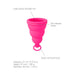 Pink Intimina Lily Cup One menstrual cup with labeled features including leak-proof double rim, air-release holes, and easy removal loop.