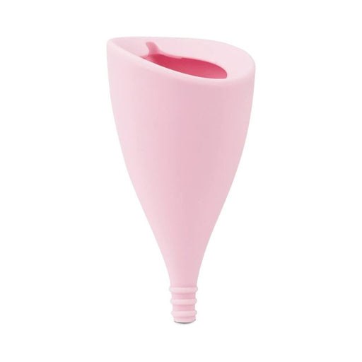 Pink Intimina Lily Cup Size A menstrual cup made of smooth silicone with a tapered, angled design and easy removal stem.