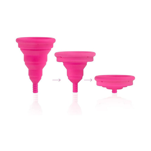 Pink Intimina Lily Cup Size B menstrual cup shown fully open, partially collapsed, and fully collapsed for compact storage.