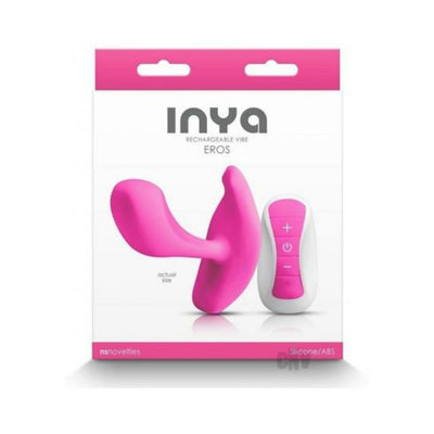 Inya Eros pink couples vibrator with ergonomic design and matching remote control in white and pink packaging.