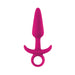 Magenta tapered silicone anal plug with ergonomic base and finger loop for easy handling.