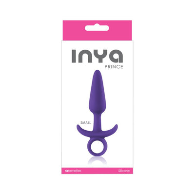 Purple silicone tapered anal plug with finger loop, small size, displayed on white and pink Inya Prince packaging.