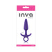 Purple silicone tapered anal plug with finger loop, small size, displayed on white and pink Inya Prince packaging.