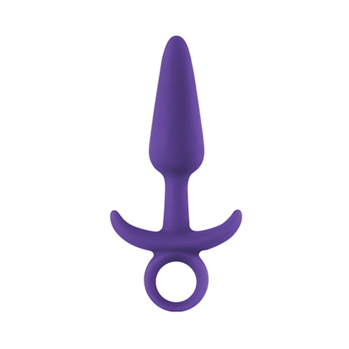Purple tapered silicone anal plug with ergonomic base and finger loop for easy handling.